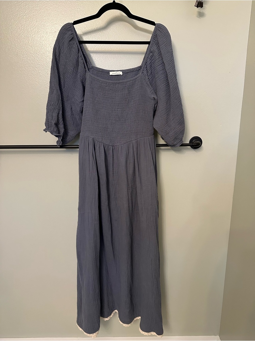 Square-Neck Neuflora Puff Sleeve Maxi Dress in Slate Blue